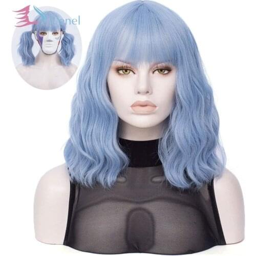 Uenel Short Curly Women Wavy Bob Wig with Full Bang Shoulder Length Girls Bob Wig Blue Mix