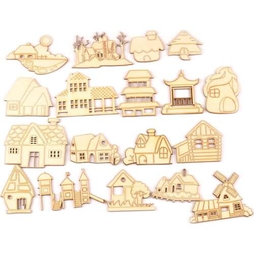 5Pcs Mixed House Pattern Natural Wooden Decoration For DIY Scrapbooking Crafts Wood Embellishment Home Decor Art Ornaments M2526
