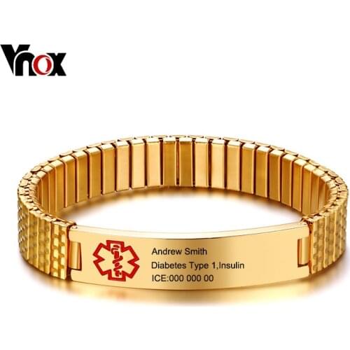 Vnox Elastic Chain Free Engraving Medical Alert ID Bracelet for Women Men Stainless Steel Emergency Personalize Unisex Jewelry
