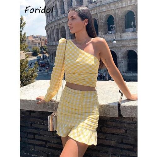 Foridol One Shoulder Plaid Bodycon Dress Set Women Checkered Yellow Crop Top Skirt Mini Dress Suits Vintage Summer Autumn Dress