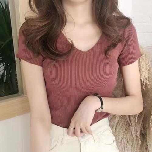 2021 Womens Summer V Neck Short Sleeve Knitted Sweaters Slim Female Knitwear Pullover Tops WDC6536