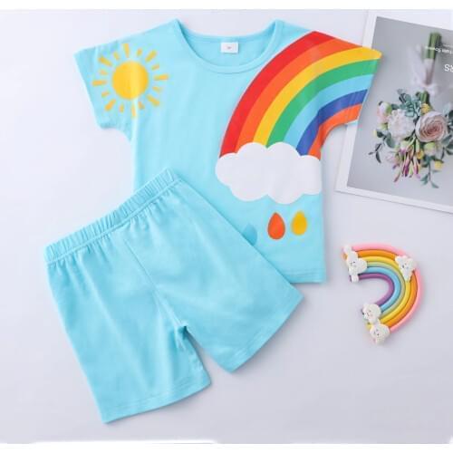 2021 Summer Toddler Boys Clothing Set Sport Style Tracksuit Suit Rainbow Pattern Short Sleeve T-shirt +Shorts Baby Girl Outfit