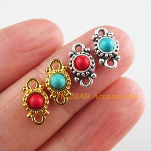 25 New Round Charms Tibetan Silver Tone Gold Color Red & Blue Stone Flower Connectors 6.5x11.5mm