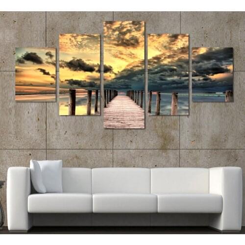 5 piece seascape wall art wooden bridge painting on canvas sunset ocean pictures unique gift for home decoration art picture