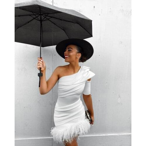 2020 New Arrival One Shoulder Feathers White Dress Celebrity Mini Bodycon Dress Vintage Vestios