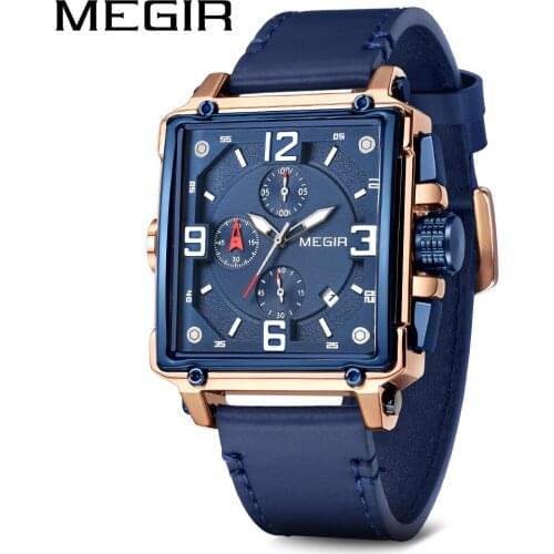 MEGIR New Blue Creative Men Watch Top Brand Luxury Chronograph Quartz Cloc0k Men Leather Sport Army Military Wrist Watches