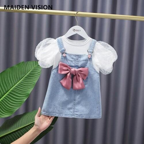 Baby Kids Girls puff sleeve T-shirt+Big bow Denim suspender Dress Set Girls outfit Princess cute Summer Dress Baby Clothes