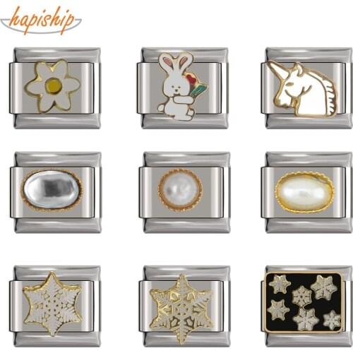 Hapiship 2021 New Fashion Sweet Flower Rabbit Snowflake unicorn Charm Links Fit 9mm Bracelet Stainless Steel Diy Making DJTop17