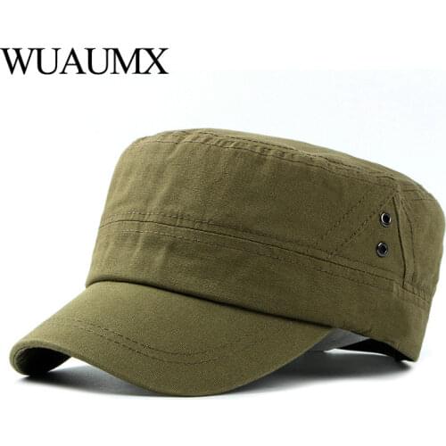 Wuaumx Brand Casual Military Caps For Men Women Flat Top Hats Military Patrol Cap Cotton Washed Cap Solid Outdoor Army Cap Visor