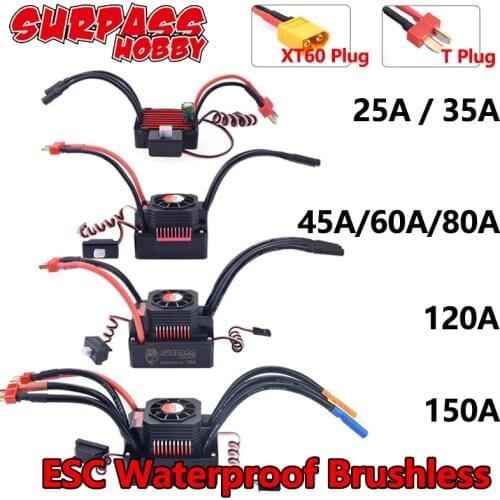 SURPASS HOBBY ESC Waterproof Brushless Speed Controller 25A 45A 60A 80A 120A 150A XT60 T Plug for 1/8 1/10 1/12 RC Racing Car