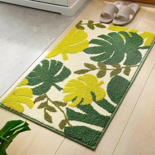 Bathroom mat Green Leaves Flocking Bath Mat Non-slip Absorbent Microfiber Bathroom Rug Home Entrance Door Mat