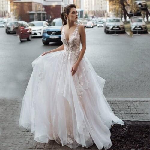 V-Neck Beads Appliques Lace Straps Backless Tulle A-Line Wedding Dress 2021 Vestido De Noiva Bridal Gown