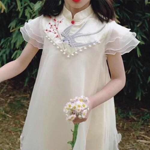 Summer high quality customized girls dress cream yellow embroidered swallow beaded cheongsam dress