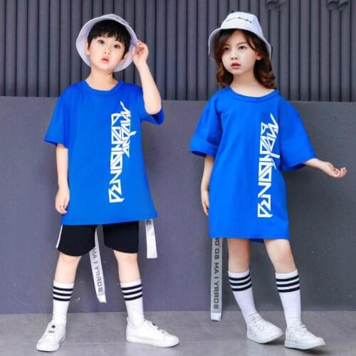 Fashion Boys Girls Blue Shirt for Hip Hop Rock Kids Jazz Dance Clothing Ballroom Costumes Children Dancewear Loose Short Pant