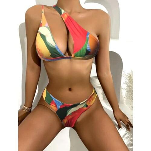 Mossha Brazilian one-shoulder swimsuit Colorblock print bikini set Triangle micro bathing suit High cut swimwear women Beachwear