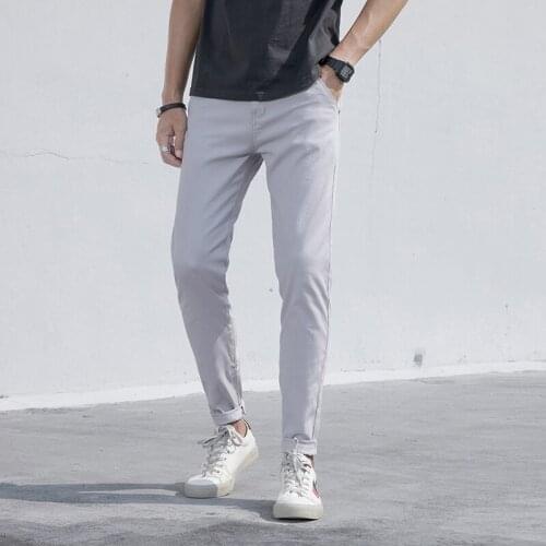 2021 Autumn New Mens Slim Light Gray Casual Pants Fashion Cotton Solid Color Elasticity Brand Trousers Dark Gray Black Navy