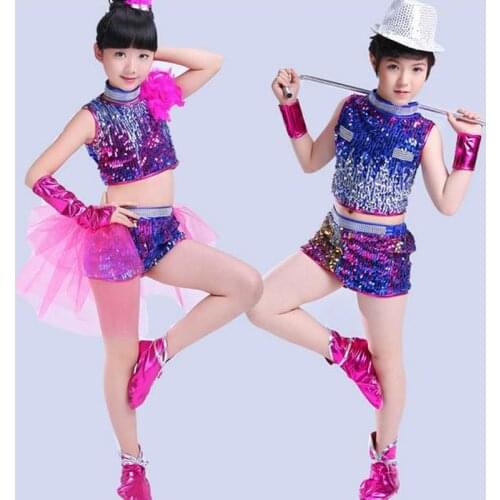 4Y-16Y Childrens jazz Dance Costumes Child Modern Stage Shows Sequins Girls Boy Hip Hop Dancing Costumes Pink Blue