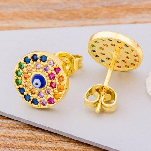 Luxury Female Rainbow Crystal Zircon Stone Evil Eye Earrings Fashion Copper CZ Gold Charm Jewelry Stud Earrings For Women Girls