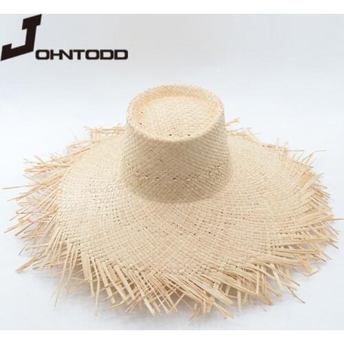 New Fashion Women Summer Hat Wide Brim Raffia Hats In Fringed Plain Sun Straw Hats Ladies Flat Top Seaside Beach Holiday Hats