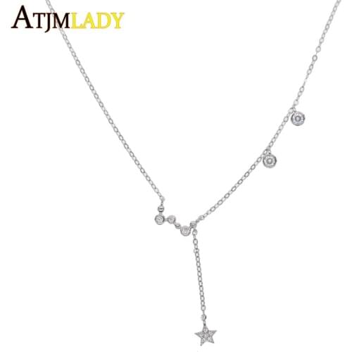 925 sterling silver delicate Gold Color Thin Chain Simple Layering Necklace minimal round cz star charm Necklaces Bridal Jewelry