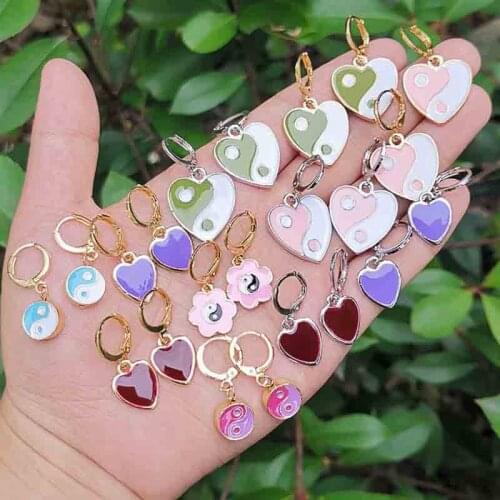 Vintage Personality Love Heart Yin Yang Charms Dangle Earrings for Women Colorful Oil Dripping Geometric Earrings Jewelry Gift