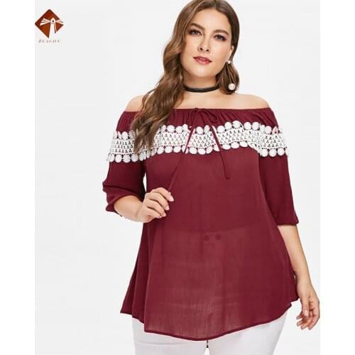 2021 Plus Size Women Blouse Fashion Off The Shoulder Top Shirts Autumn Summer Lace Patchwork Shirt Pullovers Femme Loose Clothes