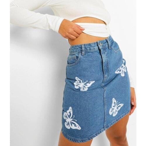 Womens Butterfly Print Denim Pencil Skirt High Waist Stylish Wild Casual Fashion Wrapped Hip Mini Skirt with Pockets
