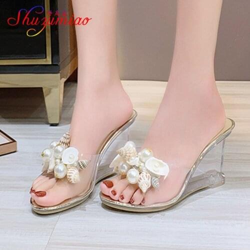 Fashion New Ocean style Wedges Women Slippers High Heel 8CM Pearl Sea Shell Women Shoes 2021 PVC Transparent Summer Conch Sandal