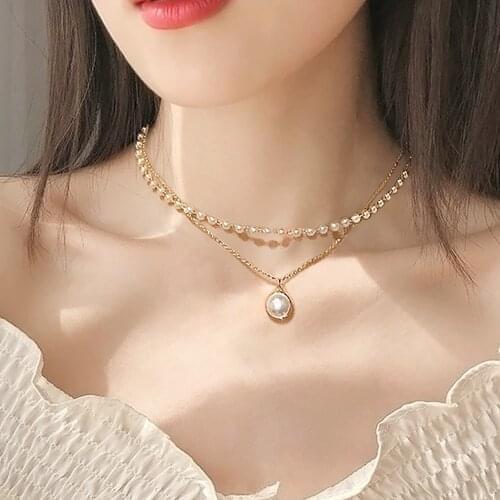 2020 Double layer Chain Gold fashion Choker cute romantic women pearl pendant necklace girl chocker Collar collier femme