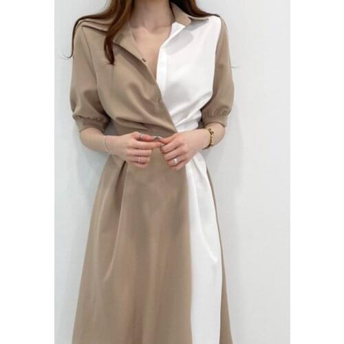 Women Summer Patchwork Khaki Long Shirt Wrap Dress 2021 New Elastic High Waist Lapel Collar A-line Sundress