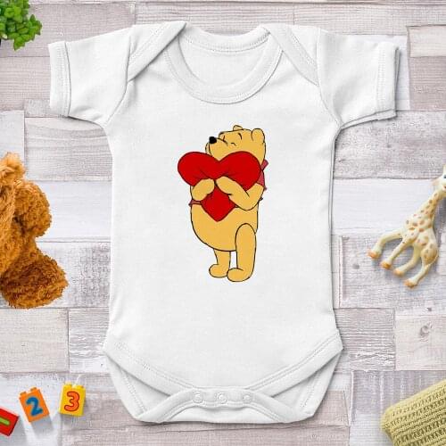 Winnie The Pooh Red Love Baby Rompers Newborn Summer Jumpsuits Harajuku O-neck Disney Cartoon 1PC Baby Outfits Bodysuits