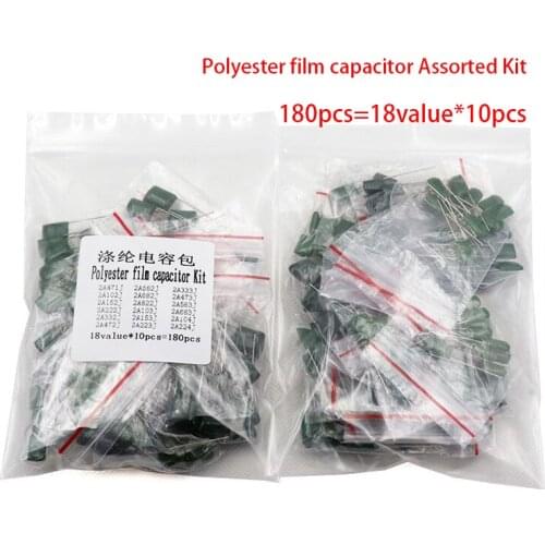 180pcs=18value*10pcs Polyester film capacitor Assorted Kit contains 2A104J 2A332J 2A472J 2A103J 2A333J 2A473J 2A563J 2A223J