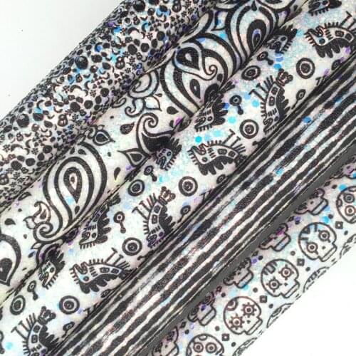 Amonglitter Wholesales Dropshipping Leather Black Stripes skull Glitter Leather Faux Fabric Vinyl Felt Backing 21X29CM MB144