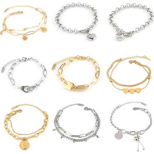 Punk Charm Bracelet Stainless Steel Bracelet For Women Multilayer Bracelet Lock Bracelet Pendant Thick Chain Bracelet Jewelry