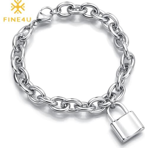 FINE4U B529 Stainless Steel Handcuff Bracelet Curb Chain Padlock Lock Bracelet Friendship Statement Punk Jewelry