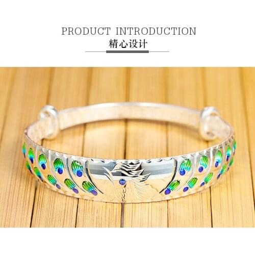 Sterling 999 silver Phoenix peacock shape bracelets for women Resizable silver enamel bracelets & bangles jewelry