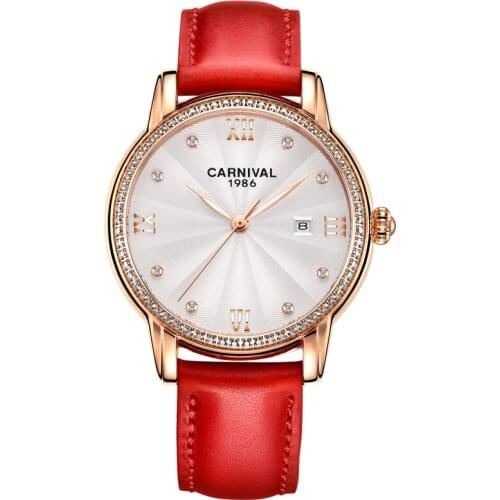 Carnival Women Automatic Watch Brief With Rhinestone Date Luxury Mechanical Watch Women Dress Watch Leather Strap