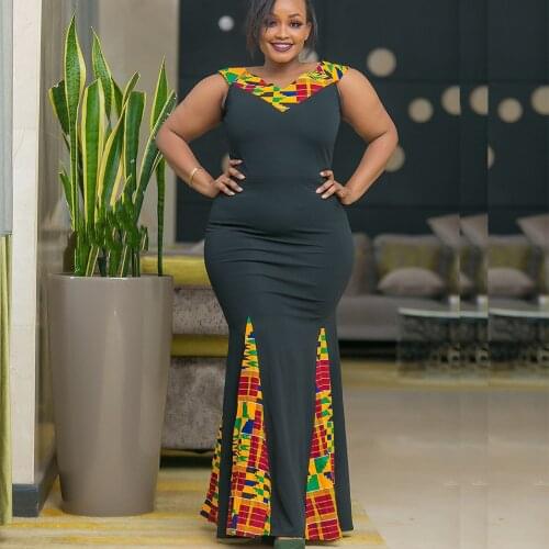 Black Red Bodycon Long Maxi Dress African Dresses for Women 2021 African Clothes Dashiki V-neck Sleeveness Robe Africaine Femme