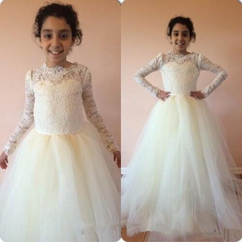 Elegant Kids Flower Girls Dress 2020 New Jewel Neck Long Sleeve Floor Length Crepe Lace Custom Made Girls For Wedding Gowns