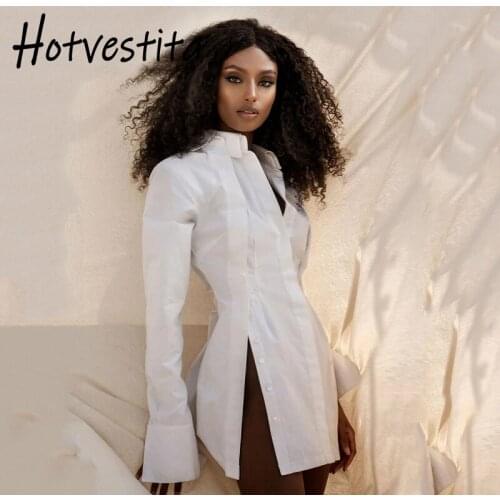 Hotvestita 2021 Spring Autumn Sexy White Black Shirt Corset Button Long Sleeve Dress Elegant Split Women Party Club Mini Dresses