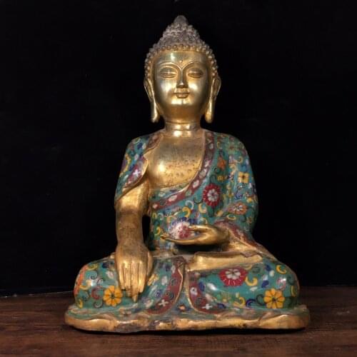 12"Chinese temple collection Old Bronze Cloisonne Enamel Amitabha Sakyamuni Medicine Buddha Enshrine the Buddha