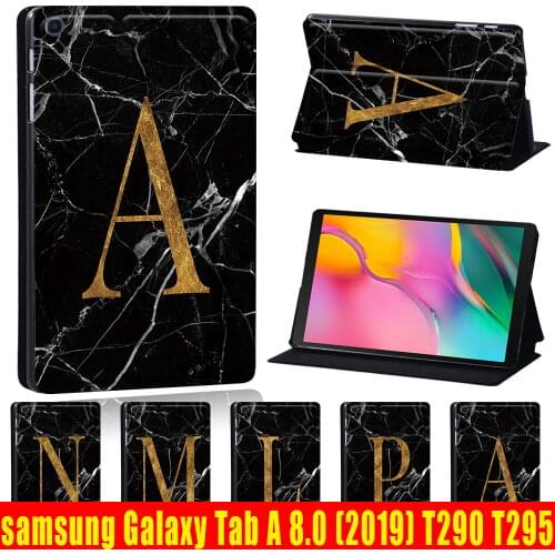 Leather Flip Cover Case for Samsung Galaxy Tab A 8.0 (2019) T290 T295 -Drop Resistance Black Marble Alphabet Pattern Tablet Case