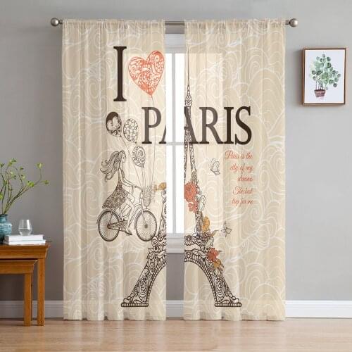 Red Love Girl Cyclist Eiffel Tower Paris Voile Tulle Sheer Curtains for Bedroom Living Room Kitchen Decor Window Curtain