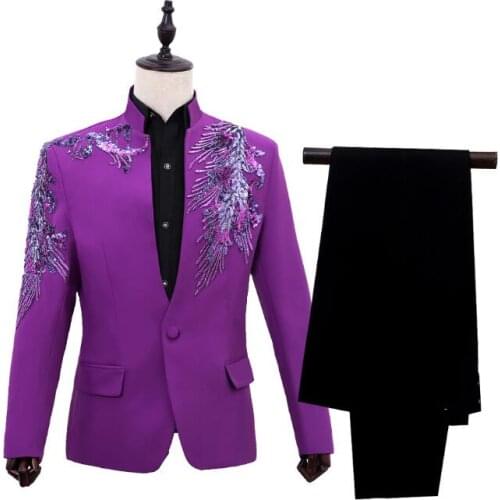 Purple stand collar mosaic men suits designs stage costumes for singers men sequin blazer dance clothes jacket star style dress