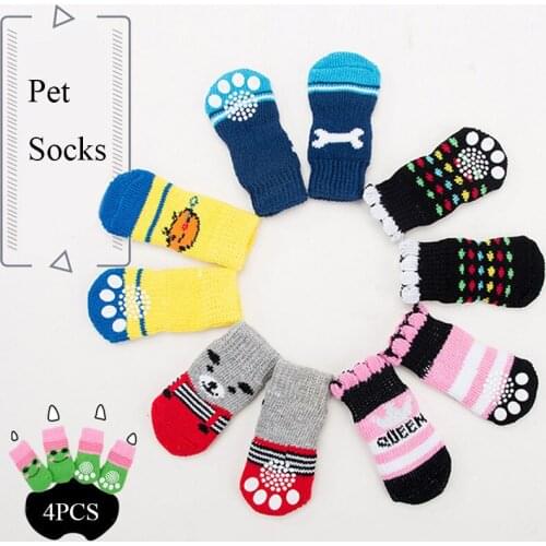 4pcs/Set Cute Puppy Dog Knit Socks Small Dogs Cotton Anti-Slip Cat Shoes For Autumn Winter Indoor Wear Slip On Paw Protector