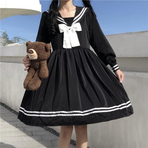 Japanese 2020 New Autumn College Style Doll Collar Dark Japanese Long Sleeve Dress Suit Navy Collar Bow Womens Cosplay Costumes