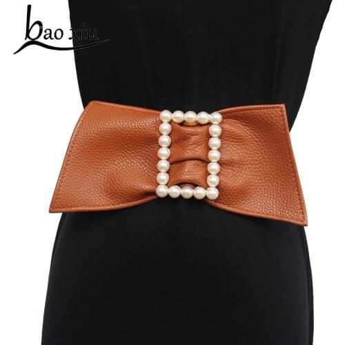 New Vintage Womens Runway Fashion Pearl Buckle PU Elastic Cummerbunds Female Dress Corset Belt Waistband Decoration Wide Blet