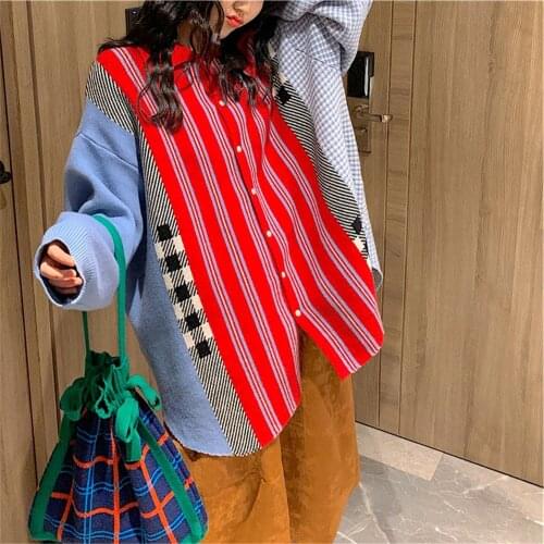 Ulzzang Fashion Korean Style Long Sleeve Striped Plaid Patchwork Knitting Sweater Office Lady Unique Wild Casual Loose Cardigans