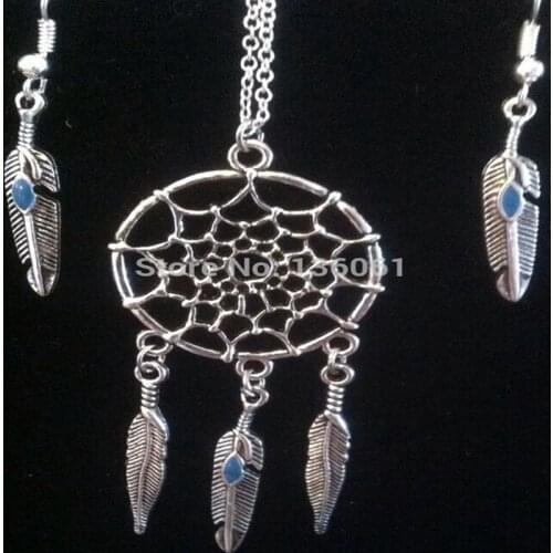 Vintage Indian Style Dreamcatcher Necklace Earrings Jewelry Set Female Bohemia Beach Yoga Feather Jewelry Sets Party Accessories