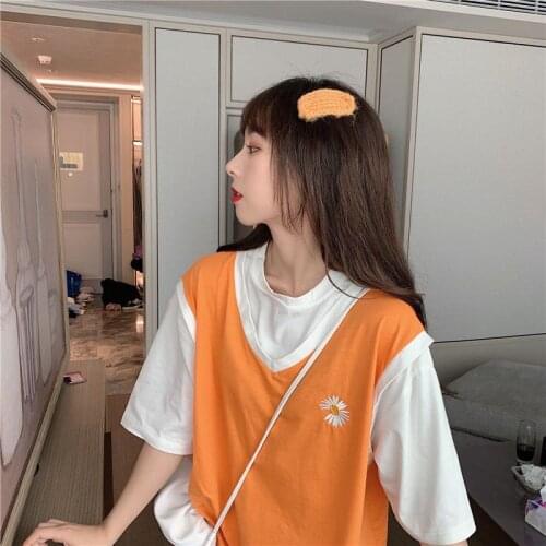 Womens t-shirts fake two-piece Little daisy print short-sleeve t-shirt basketball uniform student Korean casual loose oversized
